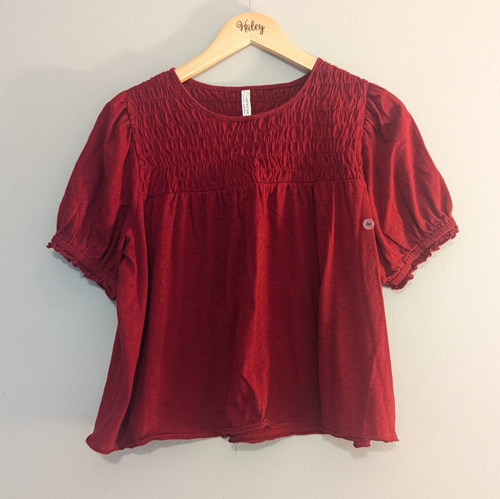 American Eagle Sunchaser Knit Puff Sleeve Smocked Top - Picture 2 of 7